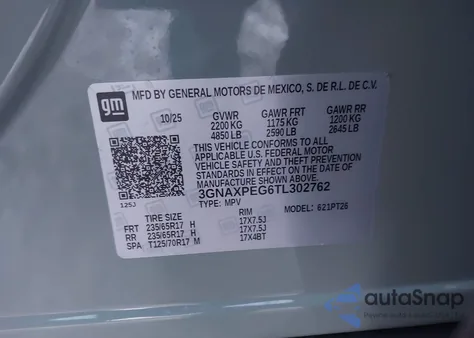 2026 Chevrolet Equinox Awd Lt из США, поврежденный, VIN 3GNAXPEG6TL302762